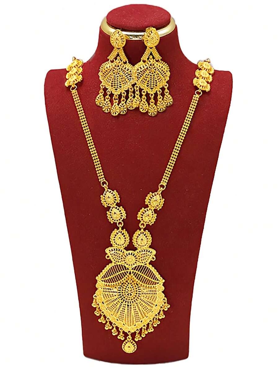 Luxurious 2PCS Alloy Jewelry Set With 24K Gold Plating, Suitable For Arab Women To Wear For Weddings And Fashion, Including Earrings And A Necklace As A Gift. - Yellow Gold - View 1
