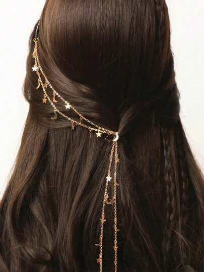2pcs Golden Star Moon Braided Hair Chain Hairpin For Messy Braid Bohemian Hip-Hop Y2K Style