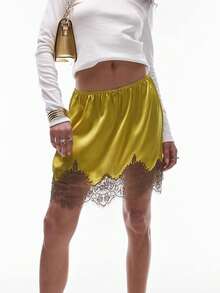 Women Satin Silk Lace Skirt Low Waist Y2k Lace Trim Slip Skirts Coquette A Line Silky Underskirt - 芥末黃 - 查看 2