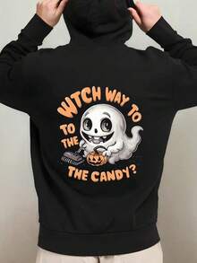 1 Pack Men'S Funny Halloween Hooded Sweatshirt - Oversized Black Hoodie With Witch Way To The Candy Graphic, Spooky & Jack-O-Lantern Design, Comfortable Pullover For Costume Parties & Casual Wear,,Fall Hoodies,Men's Fall Clothes,Street Wear,Halloween,Mens Hoodies,Y2k Clothes,Jesus Hoodie,Thanksgiving Day,Nightmare Before Christmas,Christmas - Black - View 1