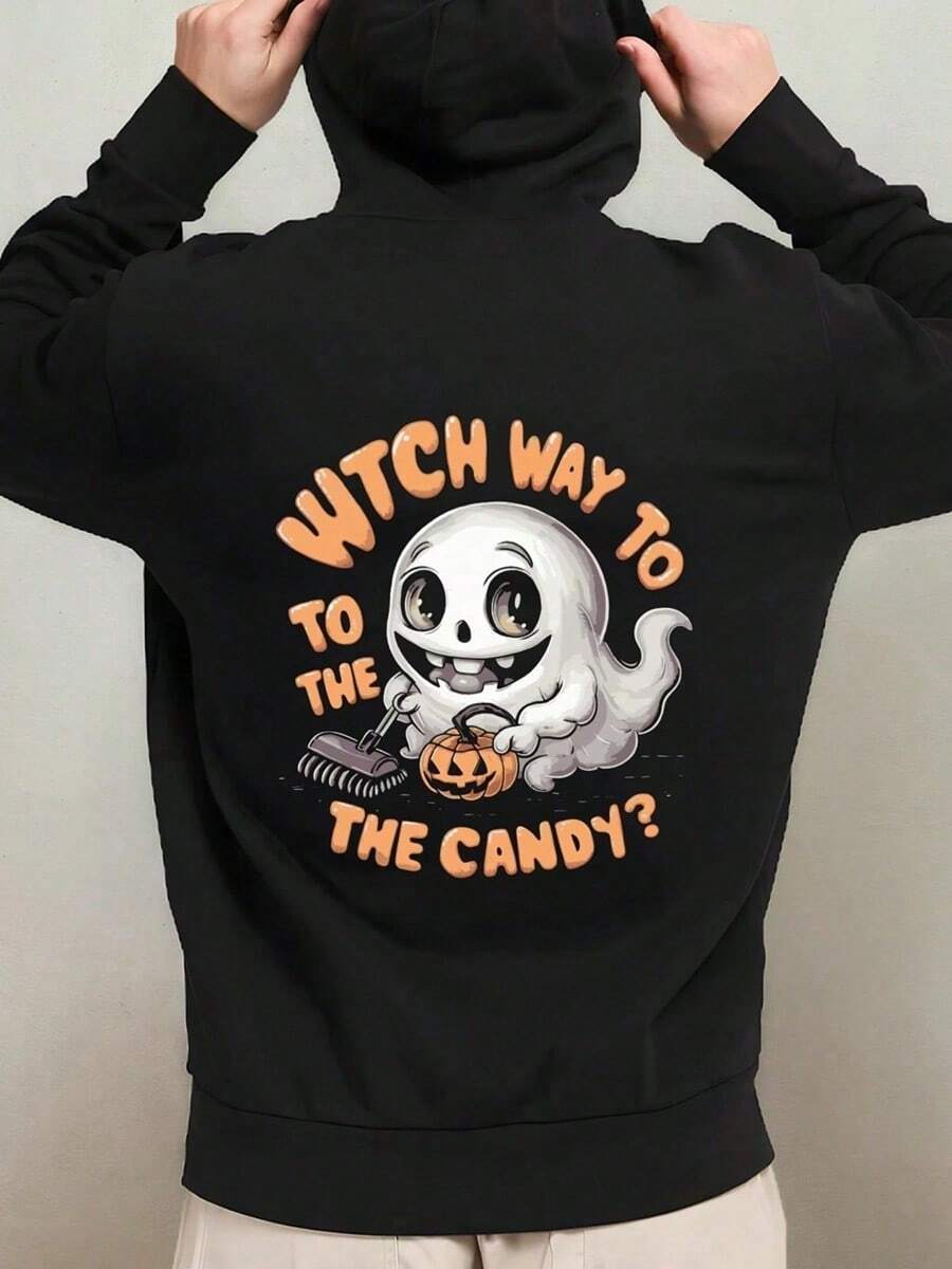 1 Pack Men'S Funny Halloween Hooded Sweatshirt - Oversized Black Hoodie With Witch Way To The Candy Graphic, Spooky & Jack-O-Lantern Design, Comfortable Pullover For Costume Parties & Casual Wear,,Fall Hoodies,Men's Fall Clothes,Street Wear,Halloween,Mens Hoodies,Y2k Clothes,Jesus Hoodie,Thanksgiving Day,Nightmare Before Christmas,Christmas - Black - View 1