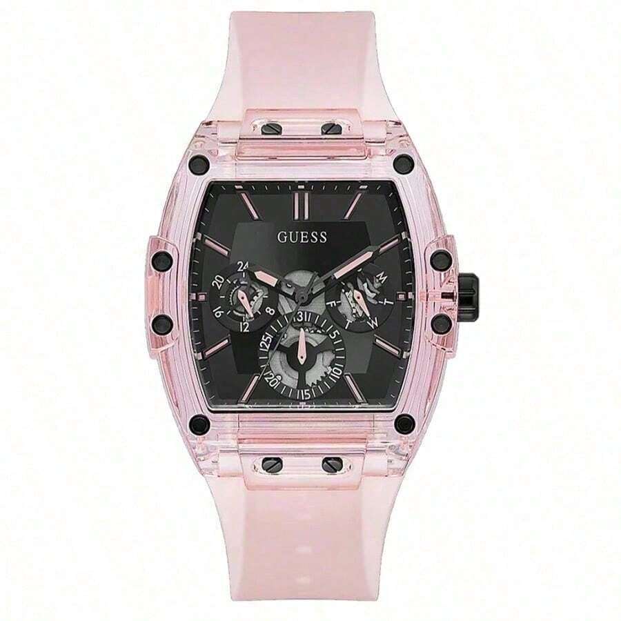 Guess New Fashion Men's Three-Eye Multi-Function Dial Silicone Strap Rectangular Quartz Watch, This Watch Is An Ideal Gift For Men. GW0032G1 - Black - View 1