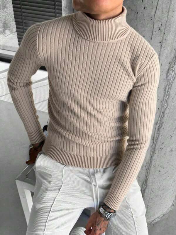 Jersey de cuello alto de punto acanalado versátil y casual para hombres