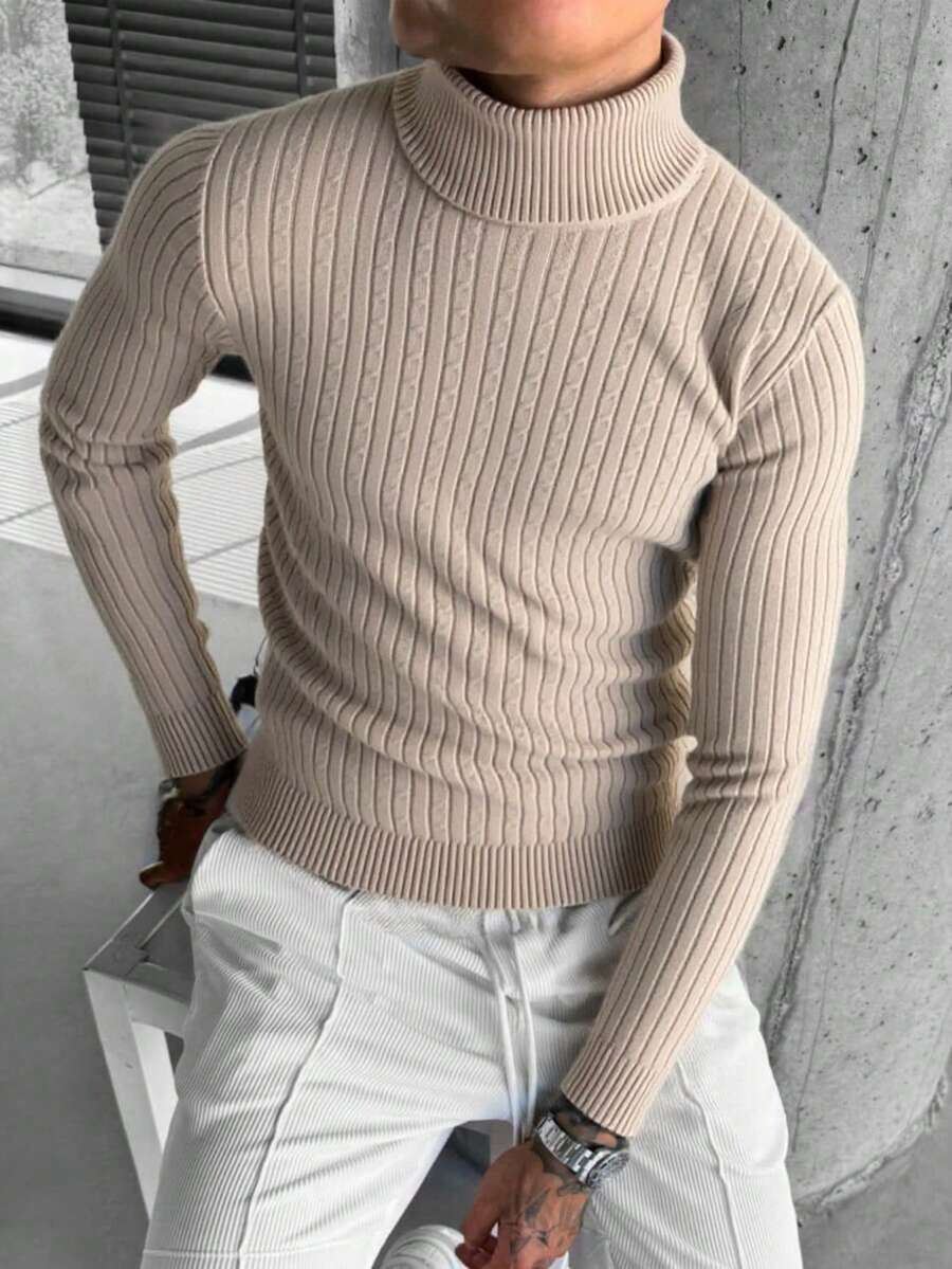 Jersey de cuello alto de punto acanalado versátil y casual para hombres