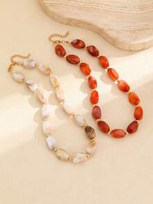 2pcs Elegant Fashionable Niche Resin Geometric Stone Beaded Necklace Set, Suitable For Autumn/Winter, Casual, Everyday Wear, Perfect Gift - Brown - View 3