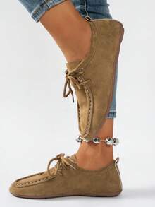 Spring New Women's Chain Loafers, Soft Leather English Style Penny Loafers Slip-On Flat Shoes (Suggest Ordering One Size Up) - Khaki - View 3