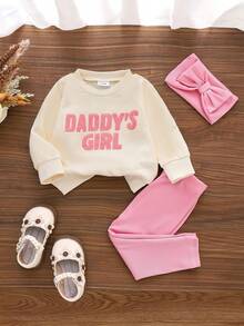 2 件女婴休闲简约“DADDY'S GIRL”字母刺绣运动衫和紧身裤套装，春秋 - 粉色 - 查看 1