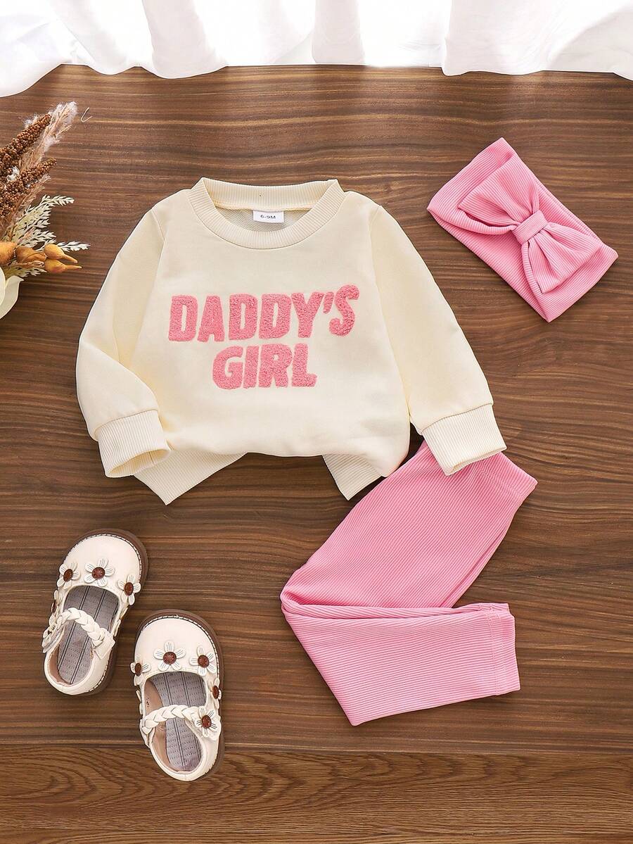 2 件女婴休闲简约“DADDY'S GIRL”字母刺绣运动衫和紧身裤套装，春秋 - 粉色 - 查看 1
