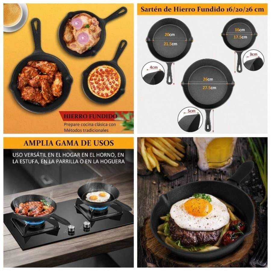 Juego de 3 Sartenes de Hierro Fundido, Cast Iron Skillet con 3 Asas Aisladas, Cacerolas de Hierro Fundido Antiadherentes, para el hogar, la cocina y el camping 6 8 y 10 - 3 piezas - Ver 1