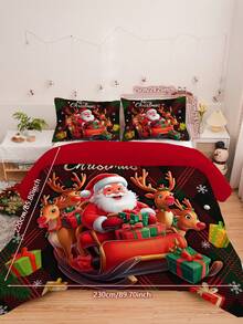 3 件套圣诞床上用品套装包括：1 件羽绒被套和 2 件枕套，柔软舒适，采用 100% 涤纶面料制成，无填充物，圣诞老人和雪橇图案，适合在卧室、宿舍或旅行中全年使用 - 彩色 - 查看 18