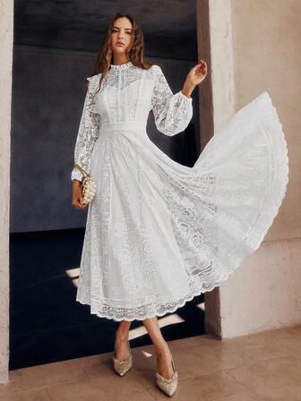 Simplee Damen Einfarbiges Spitzenkleid mit ausgestelltem Saum, Langarm, elegant, geeignet als Abendkleid, Partykleid, Geburtstagskleid, Hochzeitsgast-Kleid, Abschlussballkleid, Weihnachtskleid