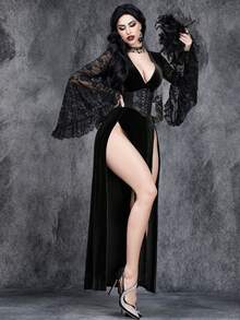Women's Gothic Sexy Retro Gorgeous Romantic Dark Halloween Role Playing Witch Sleeves Rose Lace Lace Stitching Large V-Neck High Slit Sky Velvet Party Dress - Black - View 2