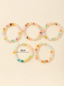 1pc 8mm Faux Jade Beaded Resin Dual-Tone Elastic Bracelet, Minimalist & Fashionable For Women