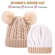 REDESS Women's Winter Soft Knit Hat 2-Pack With Faux Fur Pom Hat With Warm Fleece Lining Skull Cap For Women - RE成人麻花雙球女帽2裝 - 查看 2