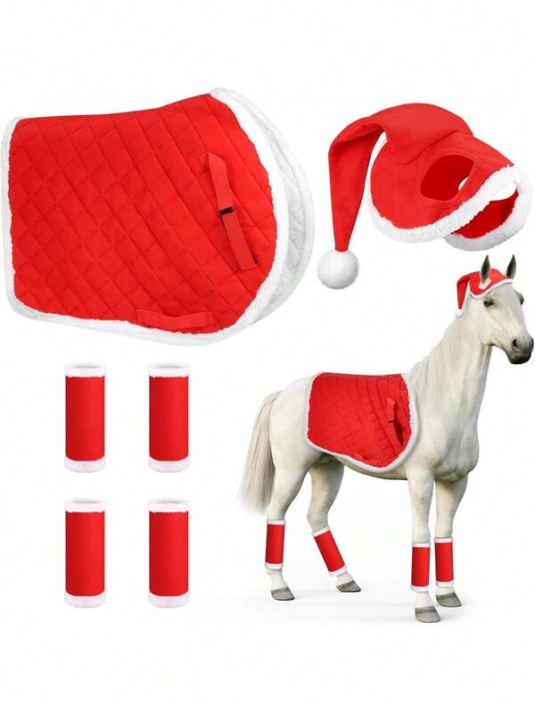 The 6-Piece Christmas Horse Costume Includes 4 Sets Of Horse Leg Covers, A Red Santa Hat And A Soft Velvet Saddle. The Christmas Accessories Are Suitable For Winter Holiday Parties And Parades.