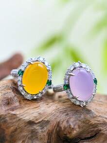 2025 新款天然玛瑙玉戒指，半透明玉髓镶嵌戒指，女士婚礼订婚珠宝戒指，学生和最好的朋友可调节 INS 风格戒指，礼物，经典凸圆形闪亮方晶锆石玫瑰金水晶戒指 - 戒指 - 查看 8