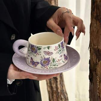 Taza de café de cerámica púrpura de lujo, taza de agua de oficina de alta gama, taza con estilo, gran regalo para mujeres