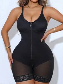 1pc Black Bodysuit With Zipper, Shaping & Slimming, Waist Cincher, Butt Lifter, Breathable Double-Layer Mesh, Adjustable Straps, S-Curve Silhouette - Black - View 1