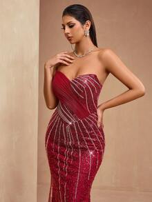 Elisanya AMILUCK New Luxury High-End Sequin & Beaded Lace Patchwork Bust Boned Mesh Ruffle Decor Sweetheart Mermaid Tail Dress - Burgundy - View 4
