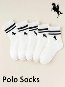 5 双、1 双、小马、绅士骑马、马球元素、马球步行印花中筒袜、婴儿必需品、女童袜、绿色袜子、女婴服装、男婴、万圣节袜子、圣诞礼物 - 彩色 - 查看 12