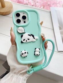 1pc Cute Panda DIY Macaron Mobile Phone Case, 2025's Latest Hot-Selling Phone Case With Mobile Phone Lanyard, Suitable For Samsung Galaxy S25, S24, S24 Plus/S24+, S24 Ultra, S24 FE, S20, S21, S22, S23, 11/11 Pro/11 Pro Max, 12/12 Pro/12 Pro Max, 13/13 Pro/13 Pro Max - Green - View 2