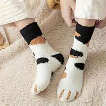 1/3/6 Pairs Of Women'S Multi-Color Autumn And Winter Cute Fun Cat Claw Socks Coral Fleece Mid-Tube Socks Sleep Thick Warm Sweet Floor Socks - Multicolor - View 4