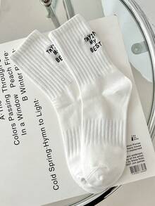 1pair Women Slogan Embroidered Fashionable Crew Socks For Daily Life - White - View 5