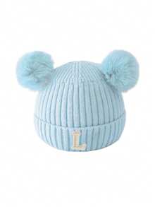 1PC Baby A-Z Letter Knitted Caps Kids 0-3Y Winter Warmth, Double-Layer Thickening Baby Wool Knitted Bonnet Newborn Baby Hat Double Pompom Cute Hat For Kids Boys Girls Children Beanie Cap