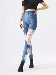 1 Pair Blue Denim Snowflake & Christmas Print Leggings, Minimalist Skinny Pants, Autumn/Winter