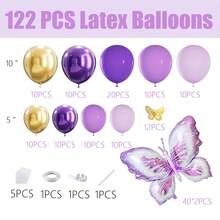 122 balões de látex roxo e dourado, balões metalizados de borboleta e decorações de borboleta, adequados para aniversário, casamento, chá de panela, formatura, aniversário, batizado, verão, festa temática, cenário, decoração de casa, dia dos namorados
