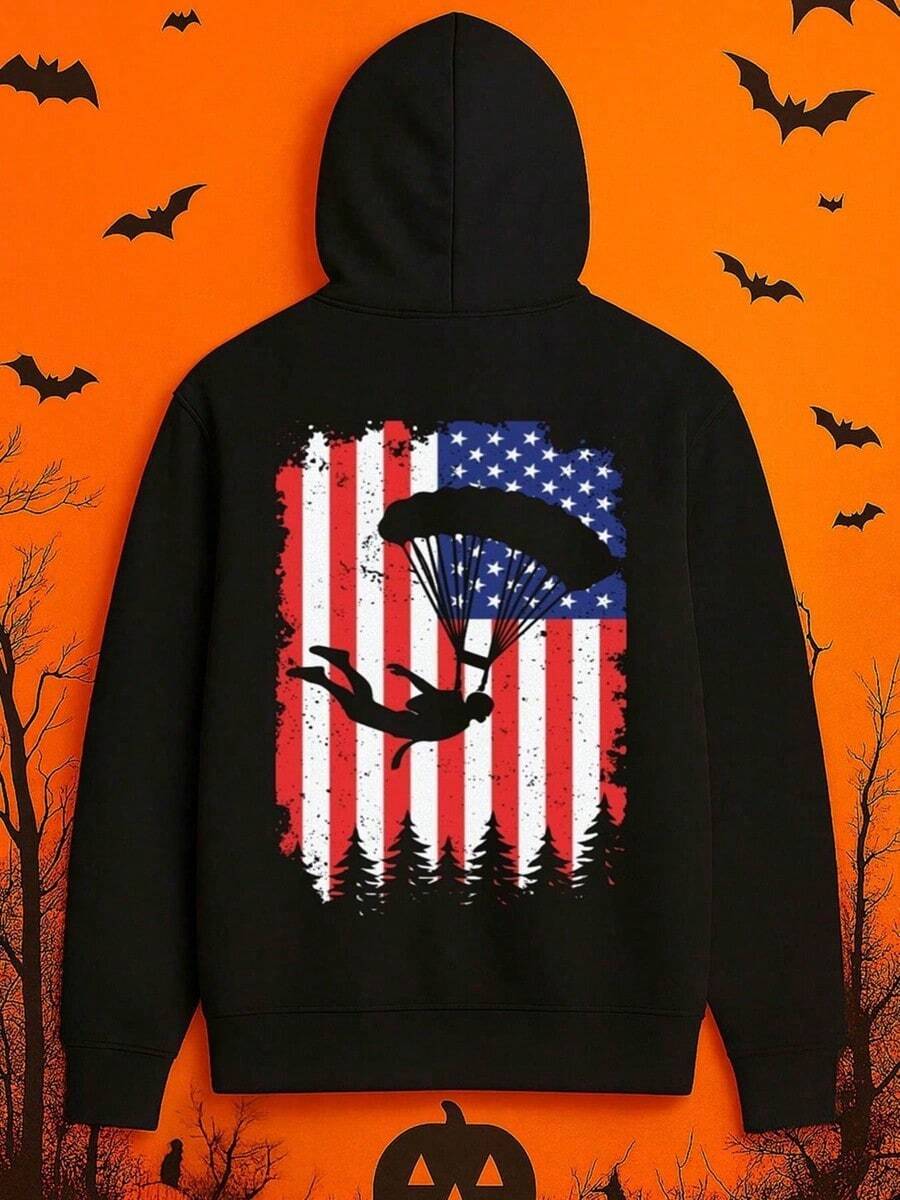 1-Pack Men's Black Parachute & American Flag Graphic Hooded Sweatshirt - Heavy-Duty 1.6-1.8 Layered Fabric, Machine Washable Casual & Athletic Wear, Paratrooper Design With Jumping Soldier Pri (1),Fall Hoodies,Men's Fall Clothes,Street Wear,Halloween,Mens Hoodies,Y2k Clothes,Jesus Hoodie,Thanksgiving Day,Nightmare Before Christmas,Christmas - Black - View 1