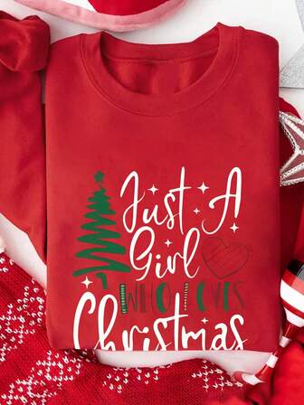 大码圣诞印花圆领运动衫，女士保暖衬里上衣，秋冬款