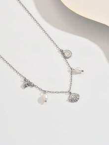 1pc Romantic Dolphin & Shell Pendant With Lustrous Pearl Necklace, Stainless Steel Delicate Choker Necklace For Women