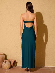 LOVE&LEMONADE Women's Solid Color Minimalist Casual Tube Dress Wedding Spring - Dark Green - View 6