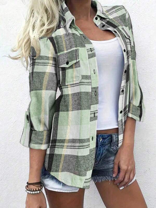 Women's Brushed Plaid Pocket Cuff Polyester Casual Shirt, Suitable For Weekends, School, Commute, Vacation, Collared
