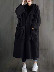 Manteau long trench oversize en tissu style chinois artistique pour femmes, printemps/été, avec grandes poches, fermeture boutonnée devant, veste décontractée à capuche noire - Noir - Voir 4