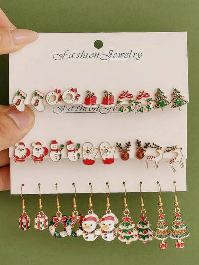 Set di orecchini natalizi con fiocchi di neve e campanelle, orecchini a goccia con renne e Babbo Natale a cartone animato