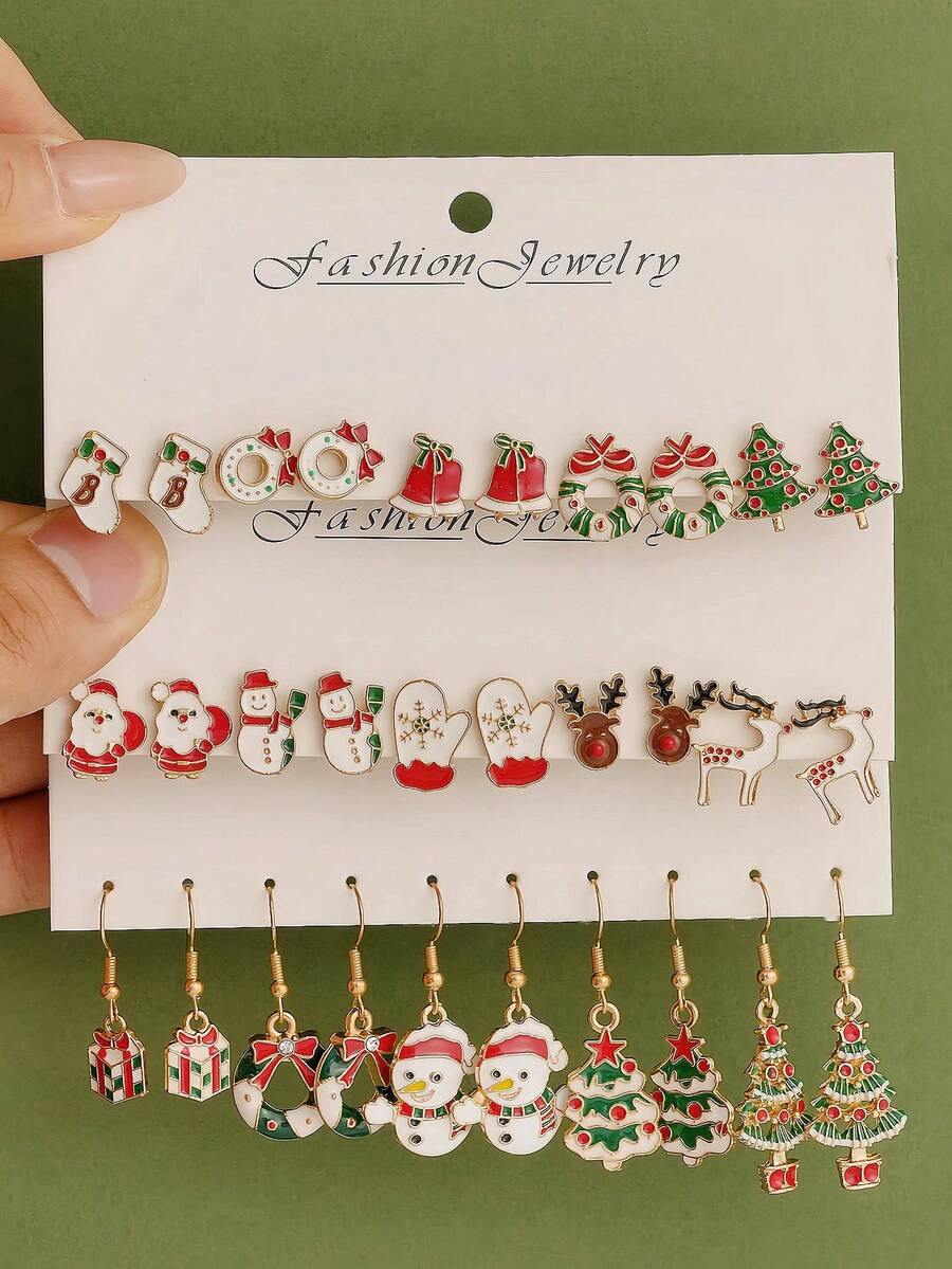 Conjunto de aretes con diseño de copos de nieve y campanas de Navidad, aretes con gota de aceite con diseños de renos y Papá Noel