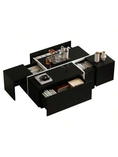 Moderne Zwart Square Coffee Table, Sofa Tafel In Patchwork High Gloss Finish, 100 60 40 Cm Living Room Four Drawers, Sliding Top, Load Capacity Up To 30 Kg view 3