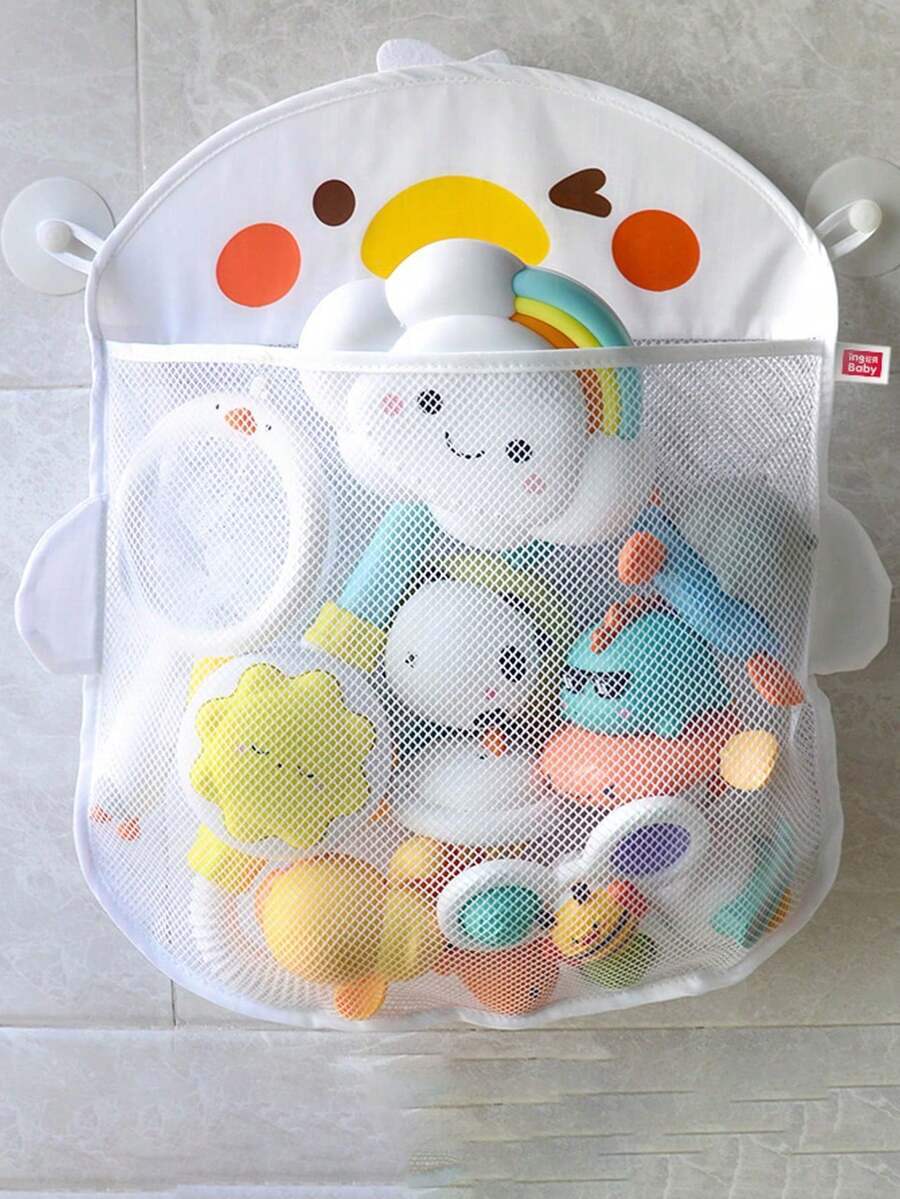 Bolsa de red de almacenamiento para baño de bebé con diseño de pato de dibujos animados de 42*43cm. Bolsa de malla de almacenamiento de juguetes de baño para niños con estilo de dibujos animados lindos, montada en la pared. Bolsa de malla impermeable y drenaje para almacenamiento de artículos de tocador en el baño con ventosas para una sujeción firme. (Limpie la pared antes de usar la ventosa y déjela vacía durante 24 horas antes de colocar los artículos.)