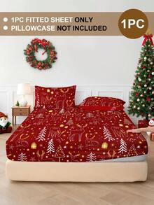 1pc Christmas Bow Reindeer Christmas Tree Print Fitted Sheet, Bedding, Fitted Sheet, Mattress Cover, Soft And Comfortable Bedding For Bedroom Mattress Protector Fitted Bed Sheet Only, Machine Washable