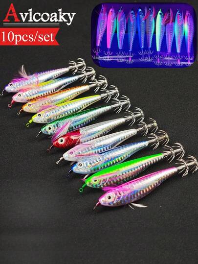 10 قطعة/مجموعة طعوم صيد الحبار المضيئة 10.5 سم، طعوم روبيان للمياه المالحة، لوازم صيد السمك، إكسسوارات صيد الأخطبوط والحبار