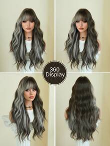 7JHH WIGS Long Wave Brown & Gray Highlight Wigs For Women - Loose Fluffy Wavy Curly Wig With Bangs, Full Machine High Density Synthetic Heat Resistant Fiber Hair Wigs For Daily Wear,Halloween Cosplay & Music Festival Party Use 26 Inch - 挑染灰色 - 查看 6
