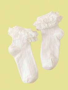 1 Pair Solid Color Cute Pleated Ruffle/Frill Ankle Socks, Versatile & Adorable For Everyday Wear At Home - 彩色 - 查看 6