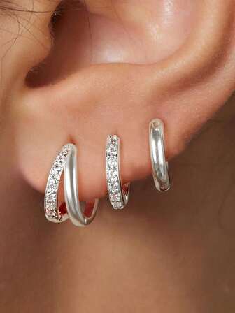 6 st/set dubbla örhängen, silverfärgade kubiska zirkoniaörhängen, allergivänlig, lämplig för brosk, örsnibb, helix och flera öronpiercingar, för kvinnor och flickor