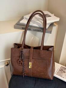 Fashionable New Women's City Commuter Tote Bag, One Shoulder Underarm Bag With Metal Twist Lock Decoration, Comes With Personalized Pendant, Elegant And High-Quality, Suitable For Commuting, Shopping, Work And Other Occasions