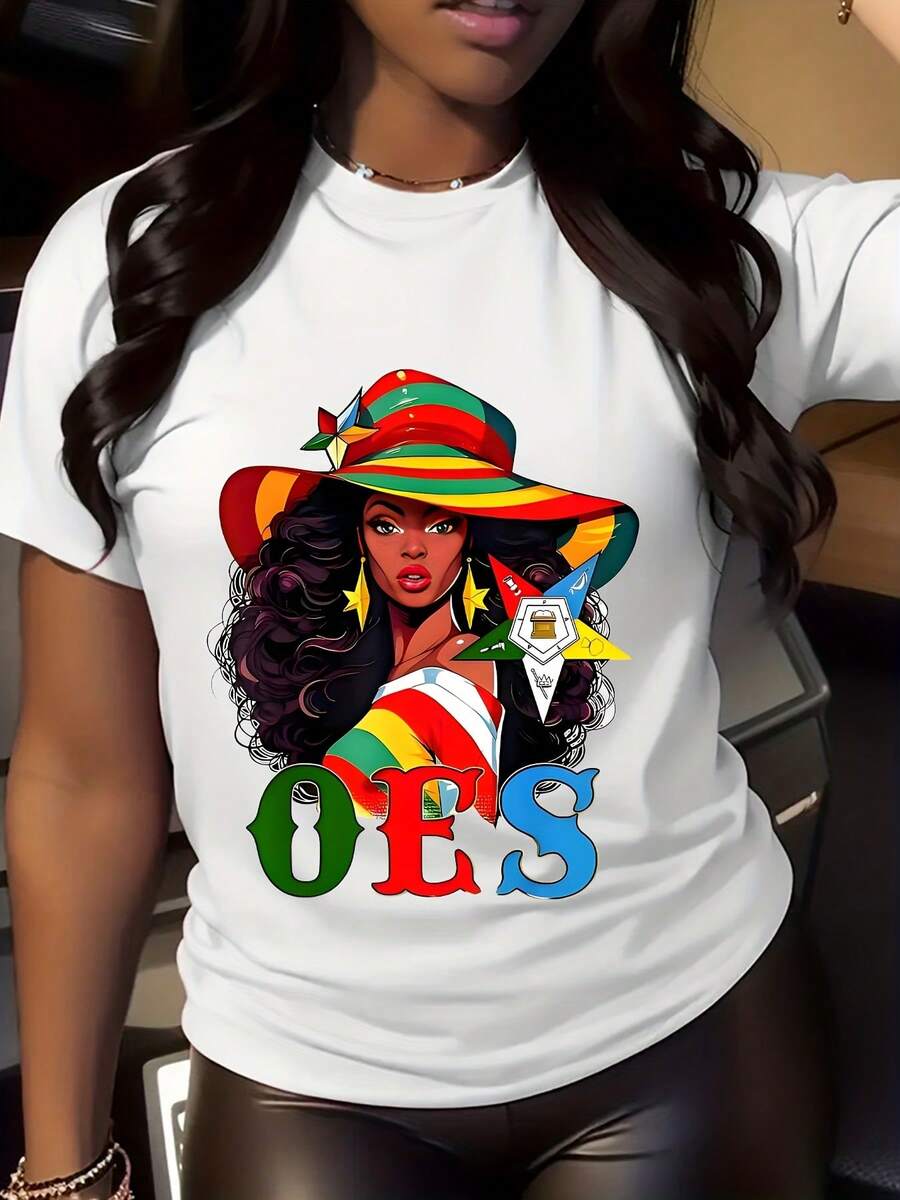 OES Rainbow Hat Woman Graphic T-Shirt For Women - Colorful  Design, Casual Streetwear, Festival Party Outfit, Cultural Celebration Apparel - 白色 - 查看 1