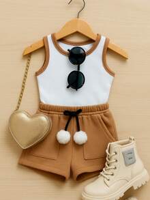 Girls' And Teen Girls' 2-Piece Set: Cropped Tank Top And Shorts With Pompom Detail, Ribbed Knit, Super Delicate, Spring/Summer Fashion CJI034 - Beige - View 2