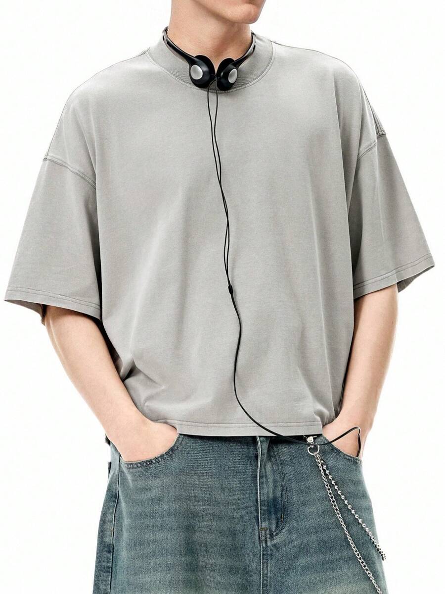 INFLATION Áo thun boxy cotton 270G đã giặt, thương hiệu cổ điển thường ngày, tay ngắn, nam, xuân/hè - Màu Xám nhạt - Xem 1