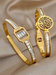 18K Gold Plated Stainless Steel Luxury Elegant Square & Tree Of Life Openwork Bangle Bracelet Set For Women, Mom Gift Christmas Thanksgiving Halloween Wedding Rave/Prom/Party/Daily Accessories Gift For Anniversary Valentine's Day Boho Jewelry Birthday Bridesmaid Gifts